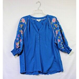 Umgee BoHo Blue Linen Blend Half Button Floral Embroidery Short Sleeves Small
